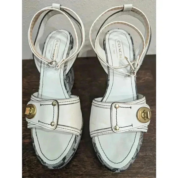 White & blue brand wedge sandals Coach, 8.5 w/replacement ankle straps - Picture 1 of 8